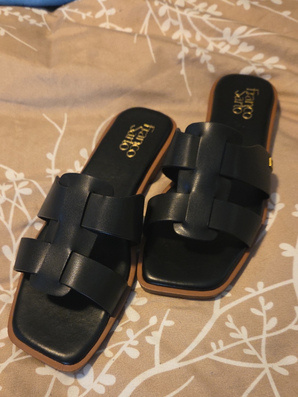 Franco Sarto Black Slide Sandals with Tan Trim